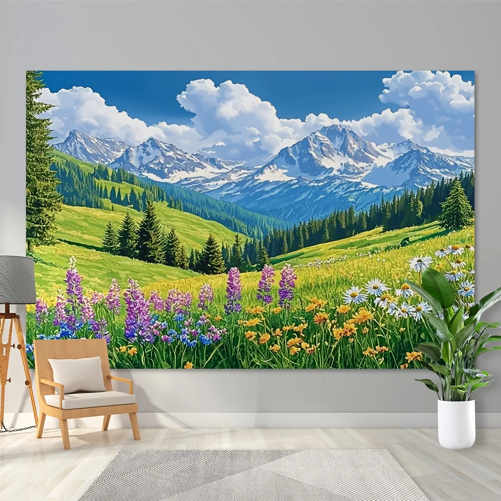 Mountain Meadow Tapestry Wall Hanging Wildflowers Alpine Landscape Art Fabric Poster for Living Room Bedroom Home Decor