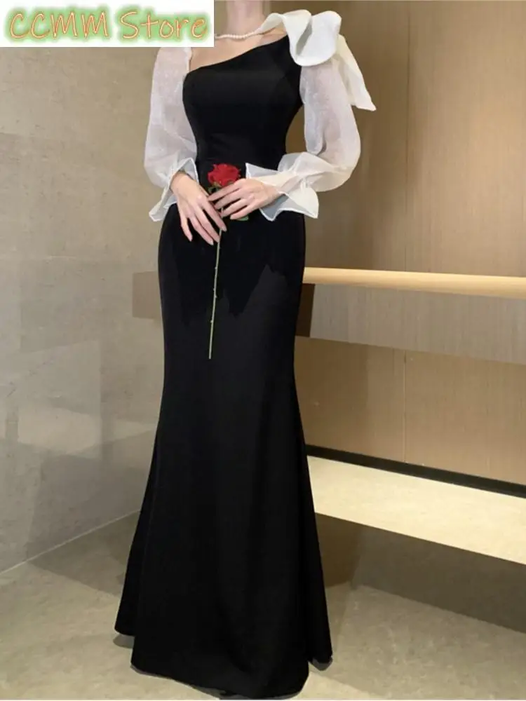 New France Elegant Patchwork Mermaid Long Dress Women Fashion Black Evening Party Vintage Dresses Spring Summer Bodycon Clothing