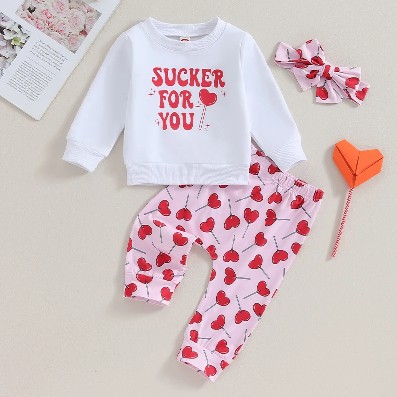 Toddler Girls Valentine s Day Set with Love Heart Print Sweatshirt Elastic Pants and Matching Headband for a Cute Holiday Look