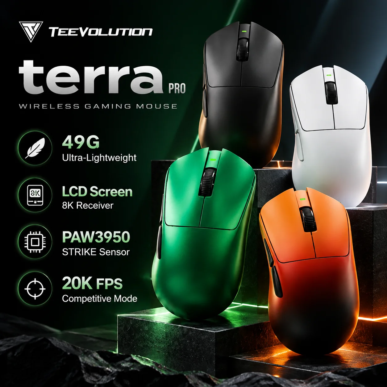 Teevolution Terra Pro Wireless Gaming Mouse 49G Lightweight Ergonomic Paw3950 8K Receiver For E-Sports Game
