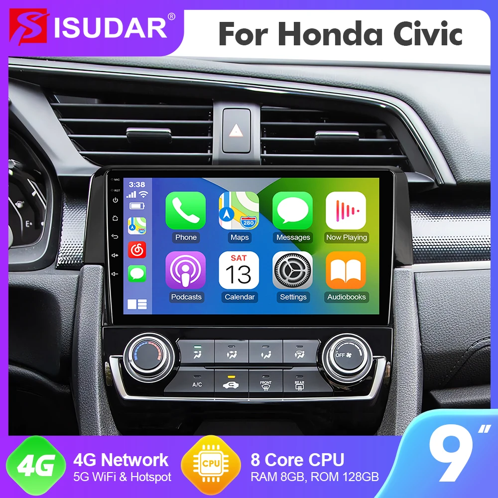 9 Inch Isudar Android 12  Car Radio For Honda Civic 2016-2020 Carplay Auto Stereo GPS No 2din