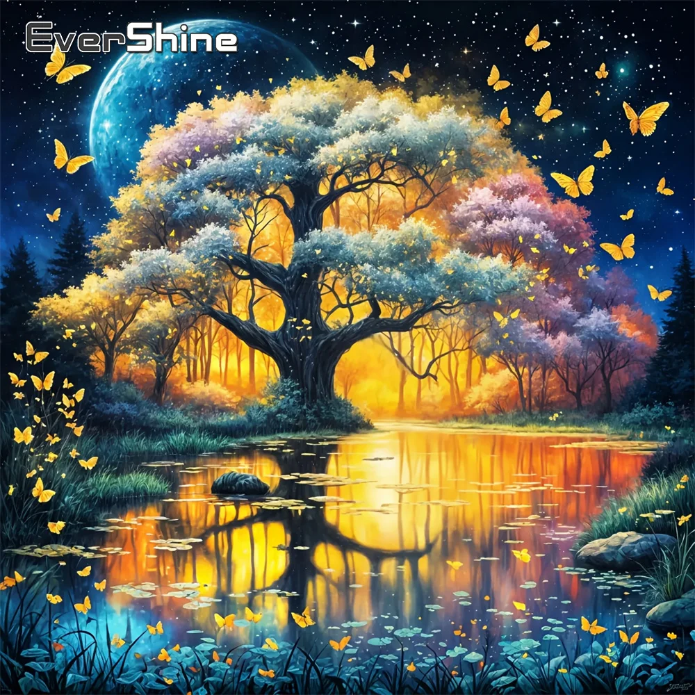 Evershine 5D-Diamant-Mosaik zum Selbermachen, Baumlandschaft, komplett, quadratisch, rund, Diamant-Gemälde, Sonnenuntergang, Bastelset, Fluss, handgefertigt, Hobby