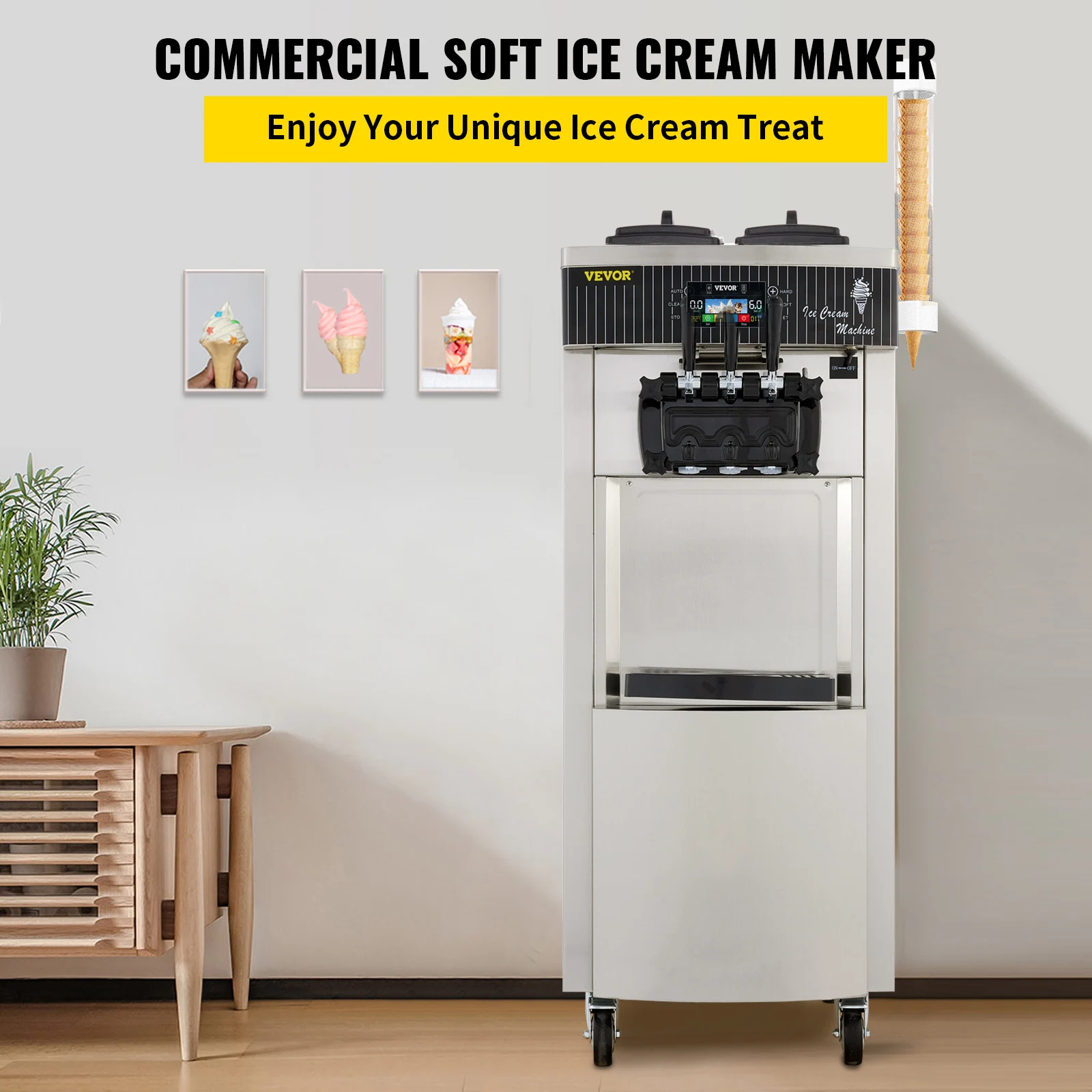 VEVOR 20-28L/H Ice Cream Maker Commercial Sorbet Coolers Mobile Tricolor Flavor Sweet Cones Freezing Equipment Vending Machine