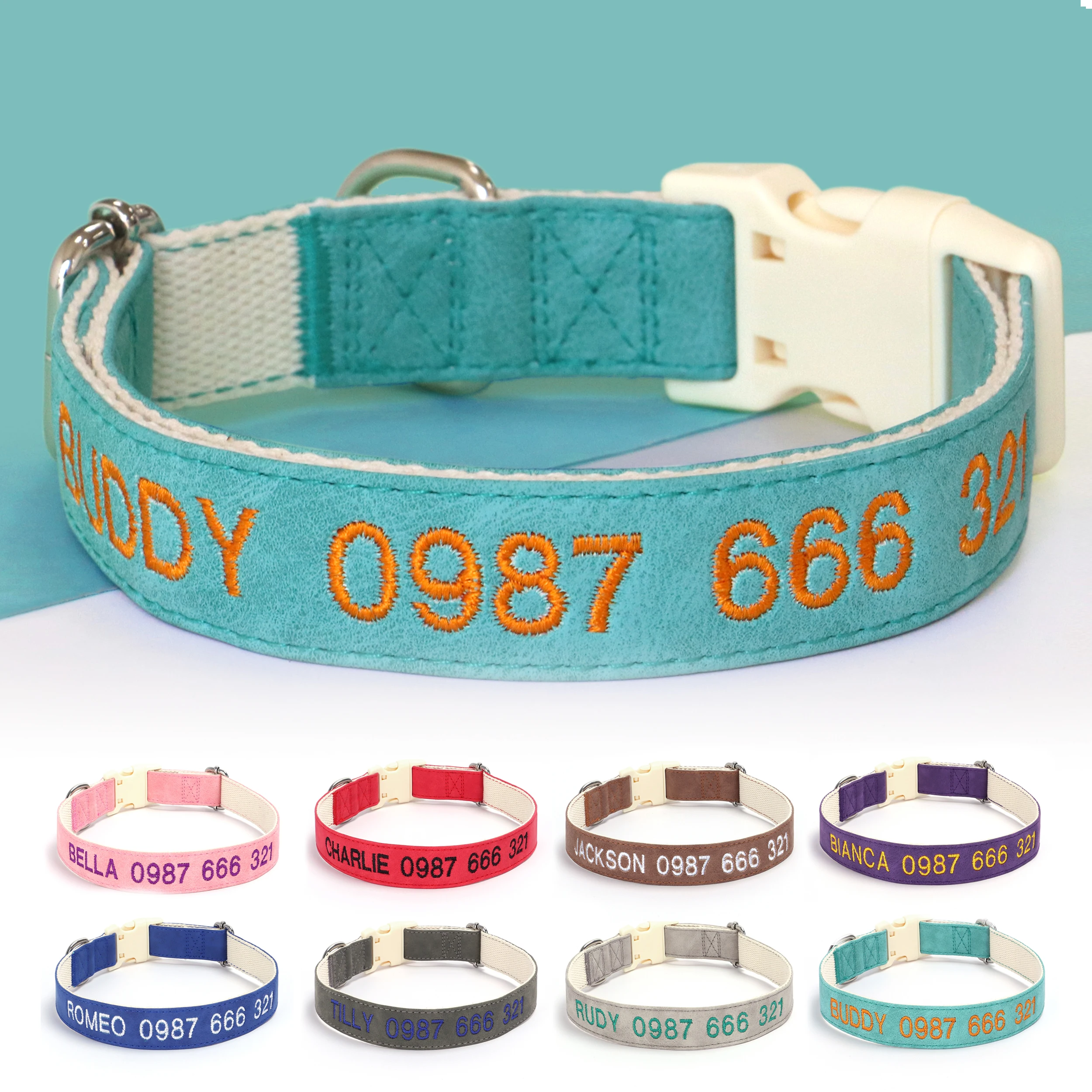 Custom Embroidered Dog Collar PU Leather Personalized Pet Name & Phone Number ID Collar Adjustable for Small Large Dogs XS-L