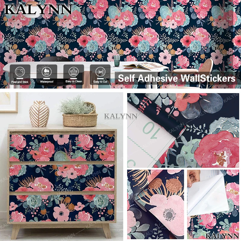 Floral Wall Stickers Self Adhesive Removable Wallpaper Vinyl Contact Paper Home Decorative for Bedroom Furniture Peel and Stick