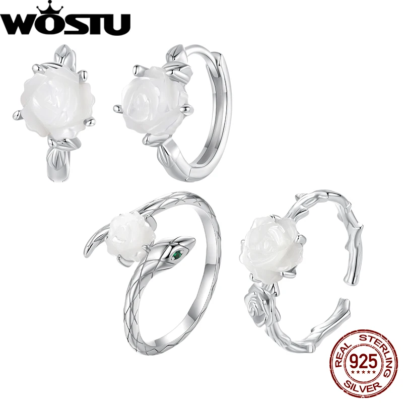 WOSTU 925 Sterling Silver White Rose Hoop Earrings & Open Ring Set Rose and Snake Open Ring Jewelry Suits for Unisex Jewelry