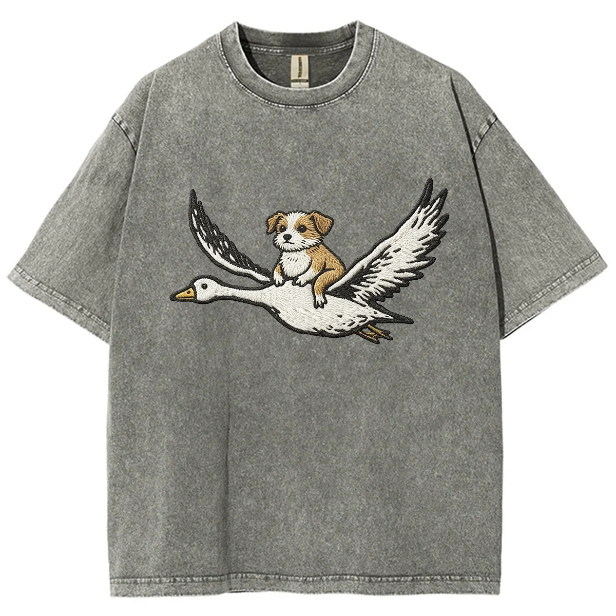 Vintage Dog Riding Flying Goose Graphic T‑Shirts unisex Stone Washed Casual Chaotic Funny Animal Art Short Sleeve Streetwear Tee