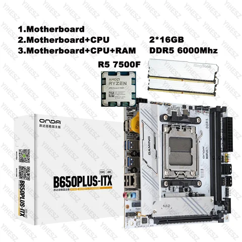 B650 Itx Motherboard Kit Ryzen 5 7500F CPU Processor 2*16GB DDR5 6000Mhz 2.5GbE LAN White Mini Itx Motherboard B650PLUS-ITX-W