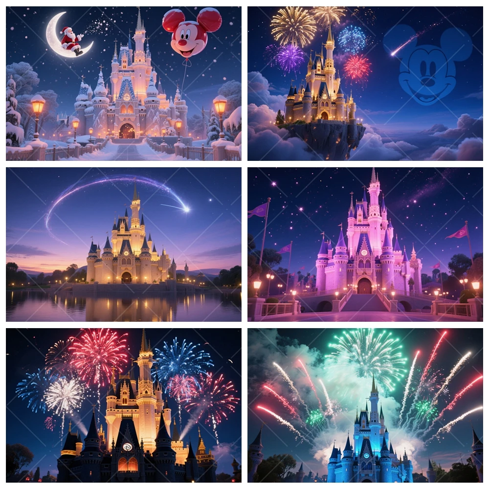 

Disney Castle Photography Backdrop Dream Night Firework Tale Blue Cartoon Children's Birthday Party Photo Booth Decor Props