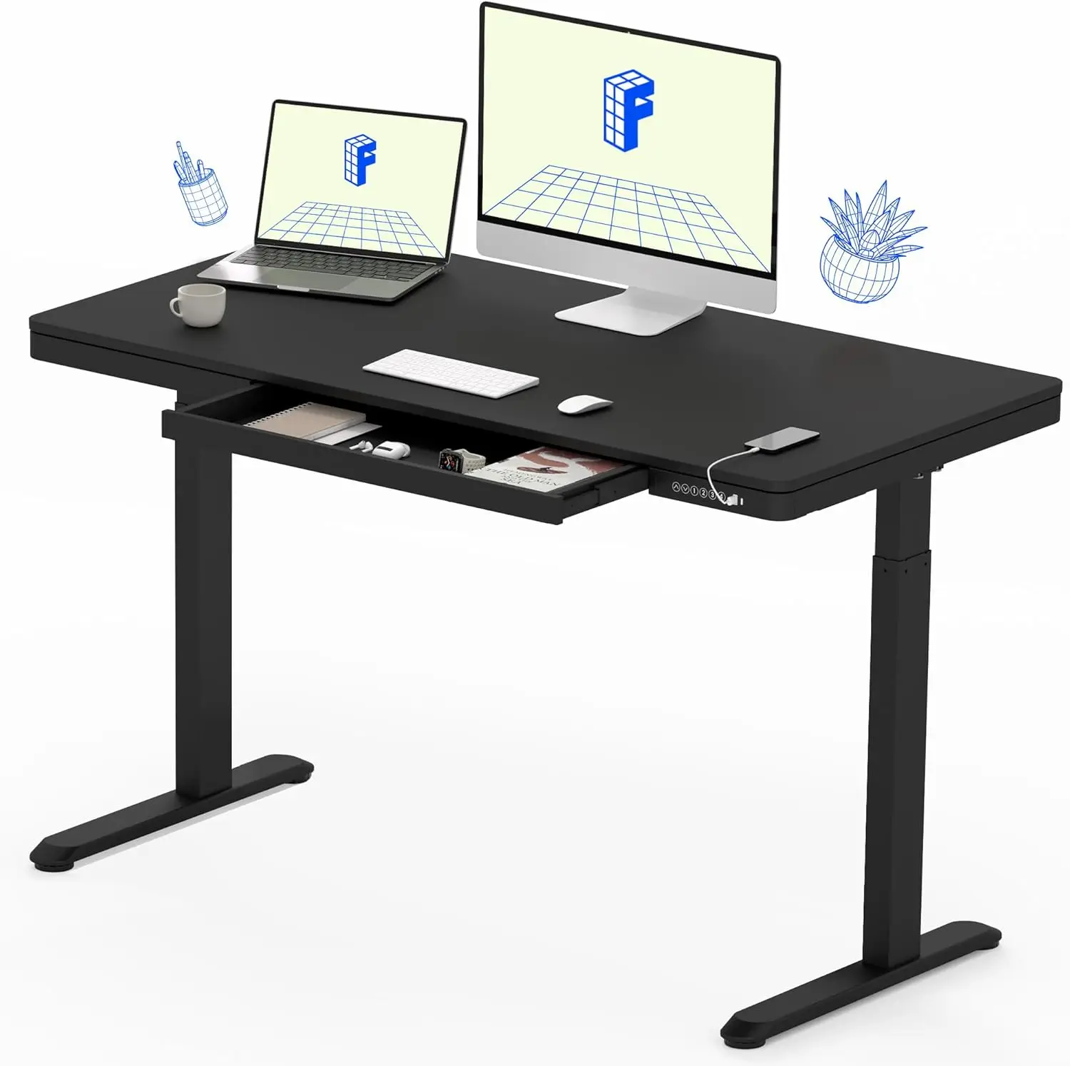 Comhar Electric Standing Desk with Drawer Desktop & Adjustable Frame Quick Install w/USB Charge Ports (Black, Wood)