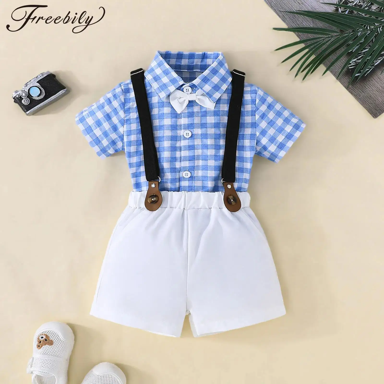

Baby Boys Summer Gentleman Suits Short Sleeve Lapel Plaid Shirt with Suspender Shorts Bow Tie Set Birthday Wedding Party Outfits