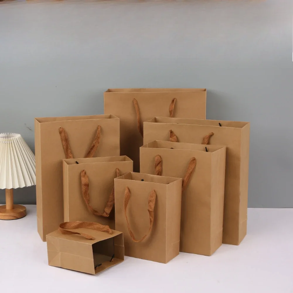 50Pcs Kraft Paper Bag with Handle Tote Tea Tobacco Alcohol Packaging Paper Bags Thickened Packing Clothing Shopping Gift Pouches