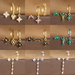 3Pcs Stainless Steel Four Leaf Flower Pendant Hoop Earring Sets For Women Zircon Huggie Piercing Earring Trendy Jewelry