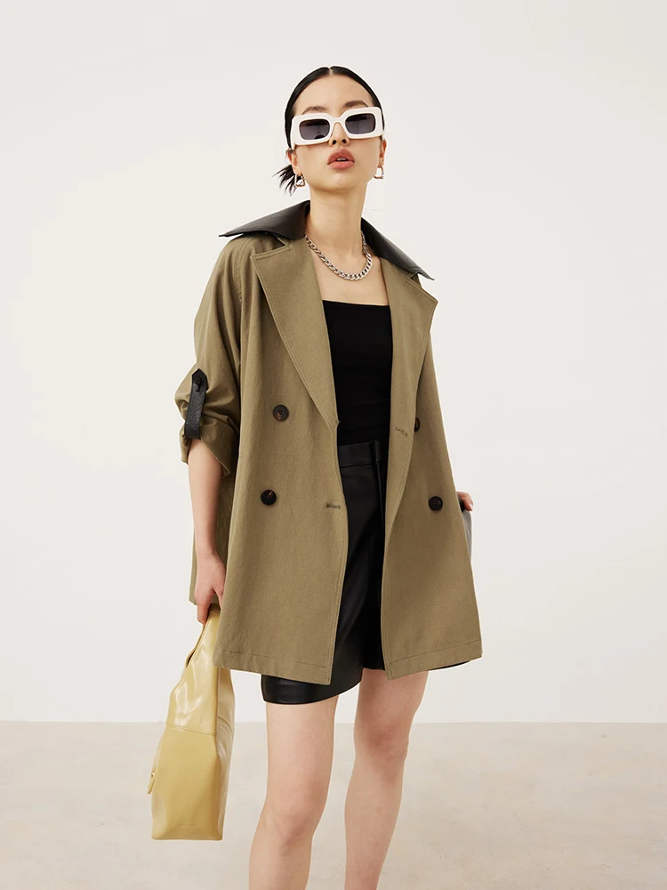 

Wei Old Money Sle 00% Linen Double-Breasted Coat Collar Removable Color Blo eepskin Vest Middling Length