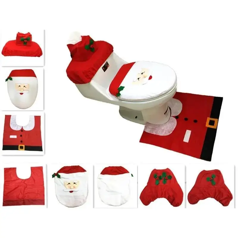 2024 Toilet Foot Pad Seat Cover Cap Christmas Decorations Happy Santa and Rug Bathroom Accessory Claus 1Set