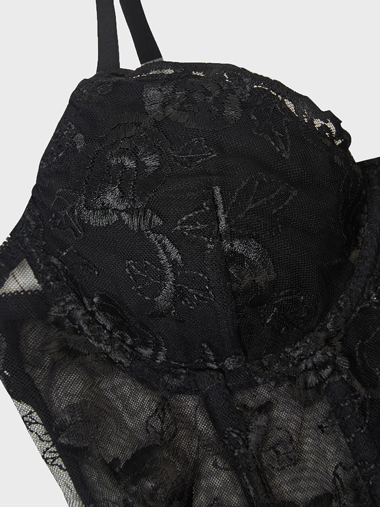 Sexy Pure Desire V-hals Effen Kleur Geborduurd Visgraat Corset Kant Bloem Veelzijdig Korte Band Vest Dames Strakke Top