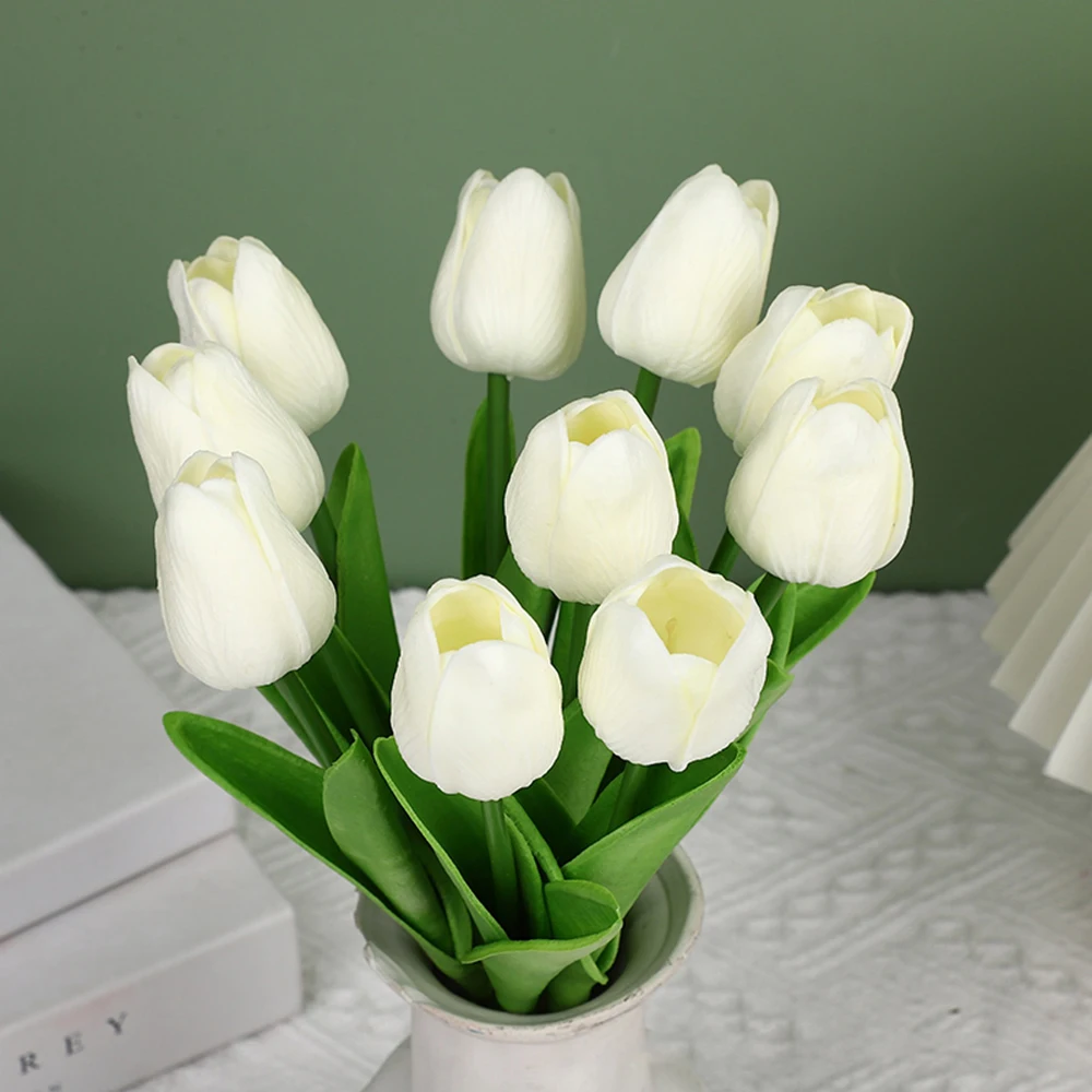 

10Pcs Milky White Artificial Flower Realistic Touch Tulip Scrapbooking Vase Home Decor Wedding Garden Arch Garland Mother's Day