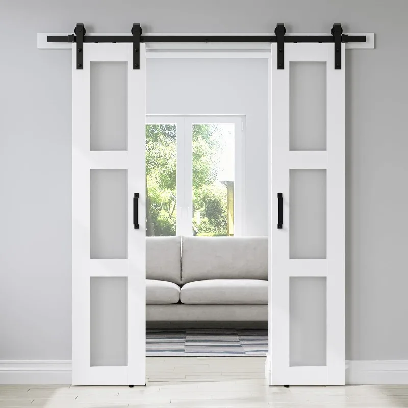 Puerta corrediza doble de granero de 3 paneles de 18 x 84 pulgadas con vidrio esmerilado y kit de herrajes de 6,6 pies: impermeable, fácil montaje, preperforada