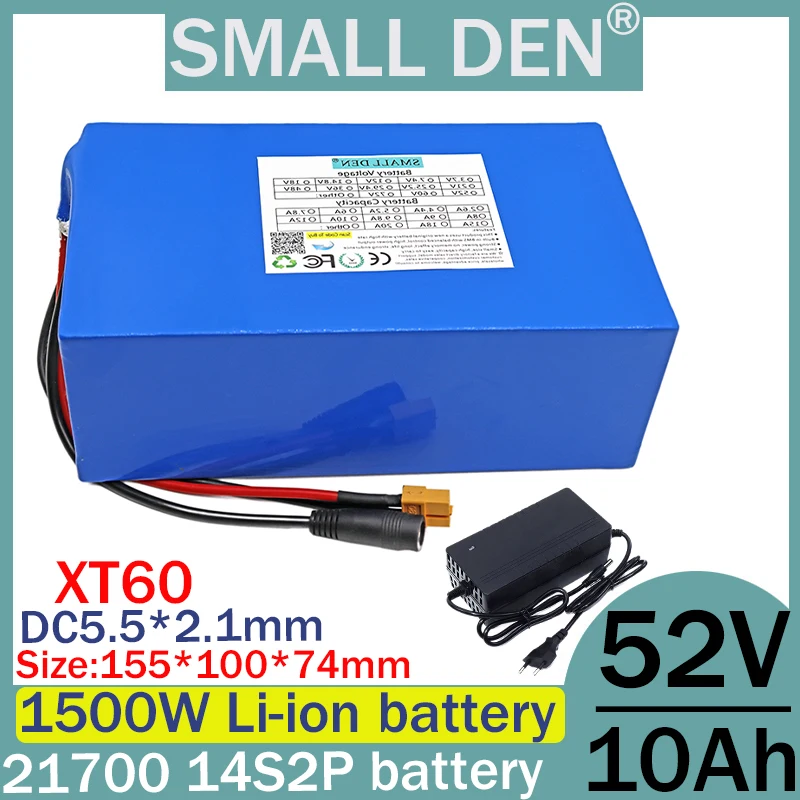 New 52v 10ah new 14S2P 1500W 21700 lithium battery suitable for various transportation vehicles+2A charger with large capacity