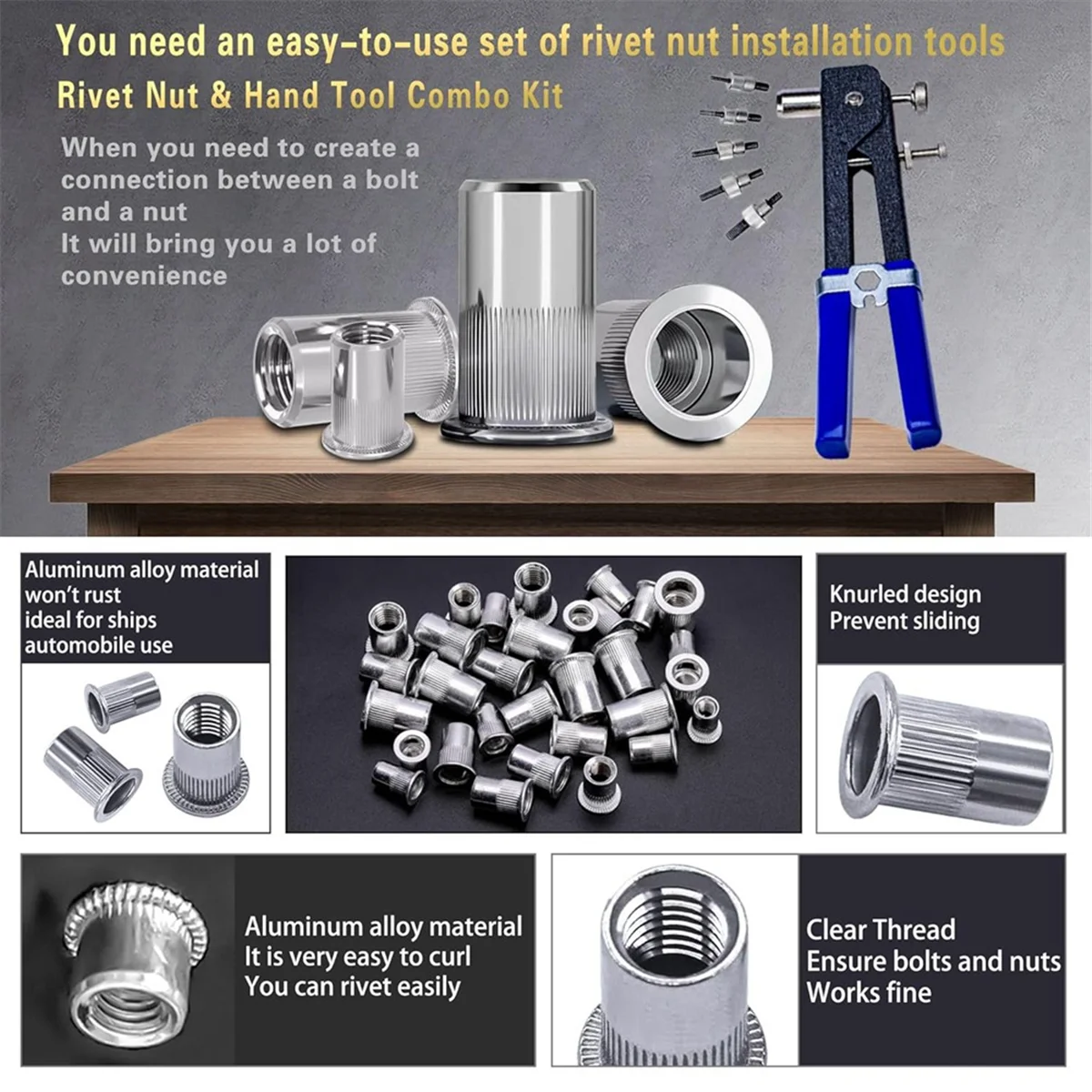 ABXK Pressure Rivet Nut Tool Kit, 430Pcs Metric Rivet Nut Combination (M8/M6/M5//M3), Suitable for Furniture, Decoration A