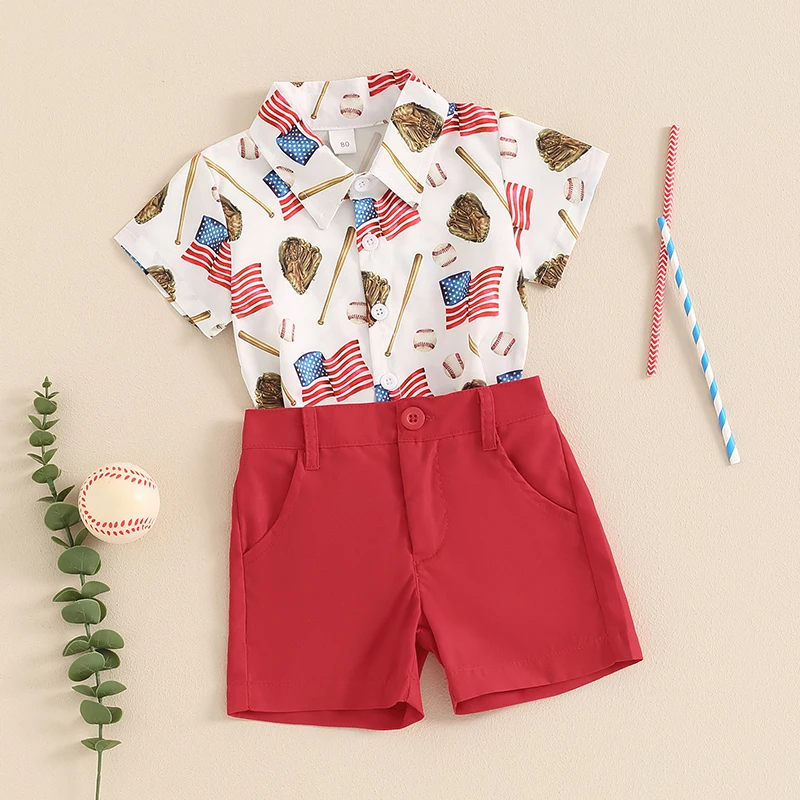 Toddler Baby Boy Fourth July Outfit Flag Print Button Down Shirt and Casual Shorts Summer Holiday Clothes Set