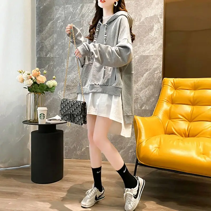 Spring Autumn New Irregular Patchwork T Shirt Tops Long Sleeve Hooded Letter Printing Pullovers Fashion Casual Women Clothing