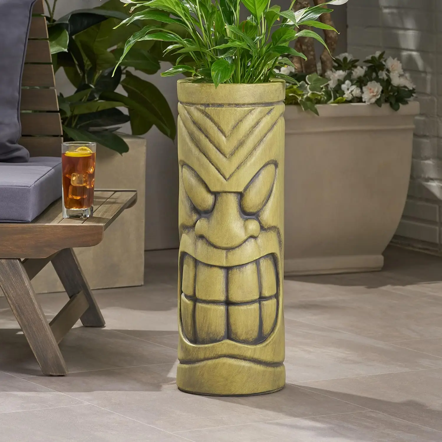

Lightweight Concrete Tiki Totem Planter with Drainage Hole for Garden Decor, Antique Green