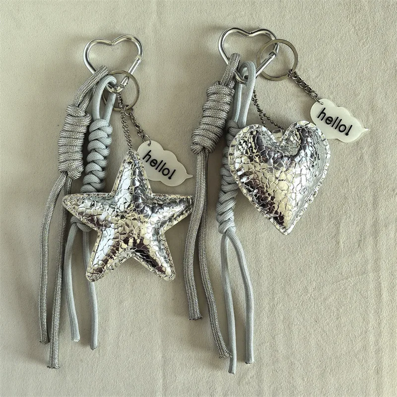 Sweet INS Korean Fashion Style Braided Keychain Lanyard with Heart Star Charm Cute Leather Keyring for Handbags Keys Holder