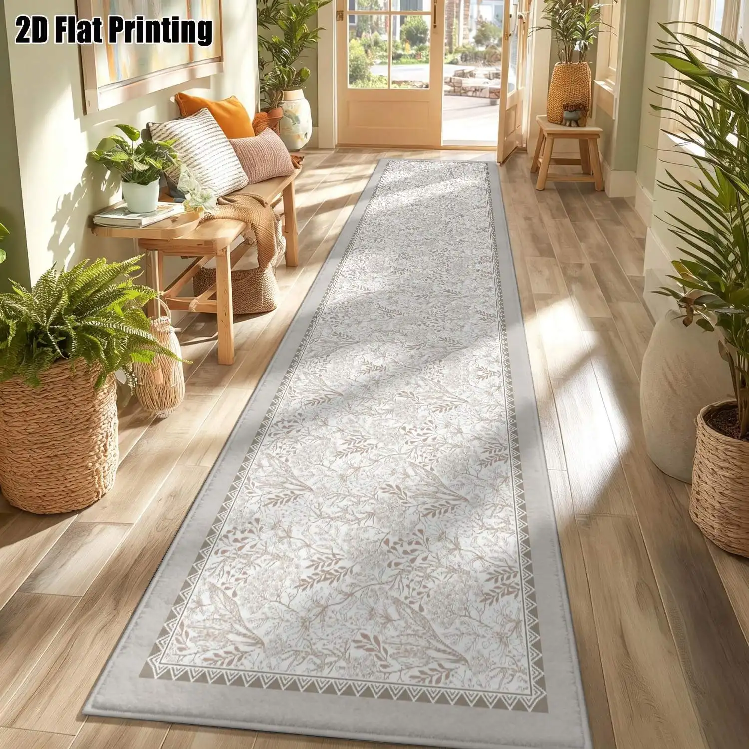 1Pc 2D Printed Long Strip Runner Carpet Beige Floral, European, Bohemian, Geometric Striped, Modern Minimalist Styles. Machine-Washable, Multi-Size, for Entryway, Hallway, Bedroom, Kitchen Home Decor.