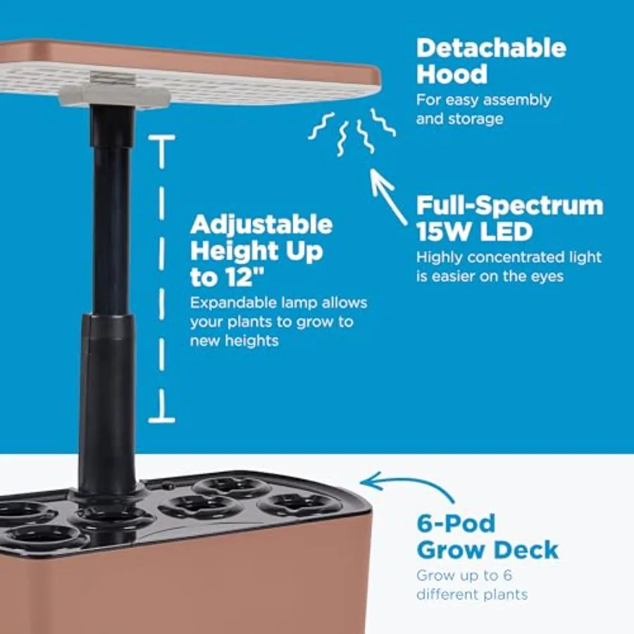 Indoor hydroponic garden for year-round herb and vegetable growing; Mocha-colored AeroGarden Harvest Lite with soil-free system view 5