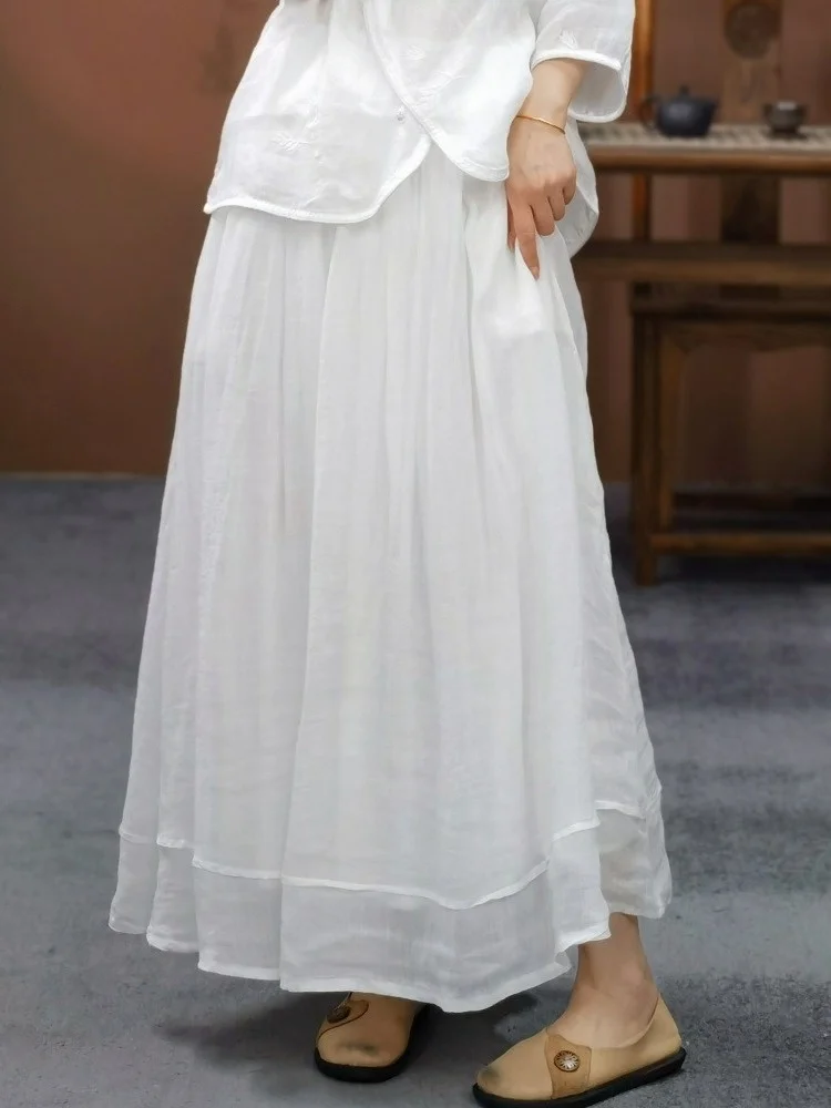 Nieuwe Chinese Sle Losse Dubbellaags Pure Kleur Vlas Midi Rok vrouwen Ciwalk A-lijn Rok midden Taille Elastische taille