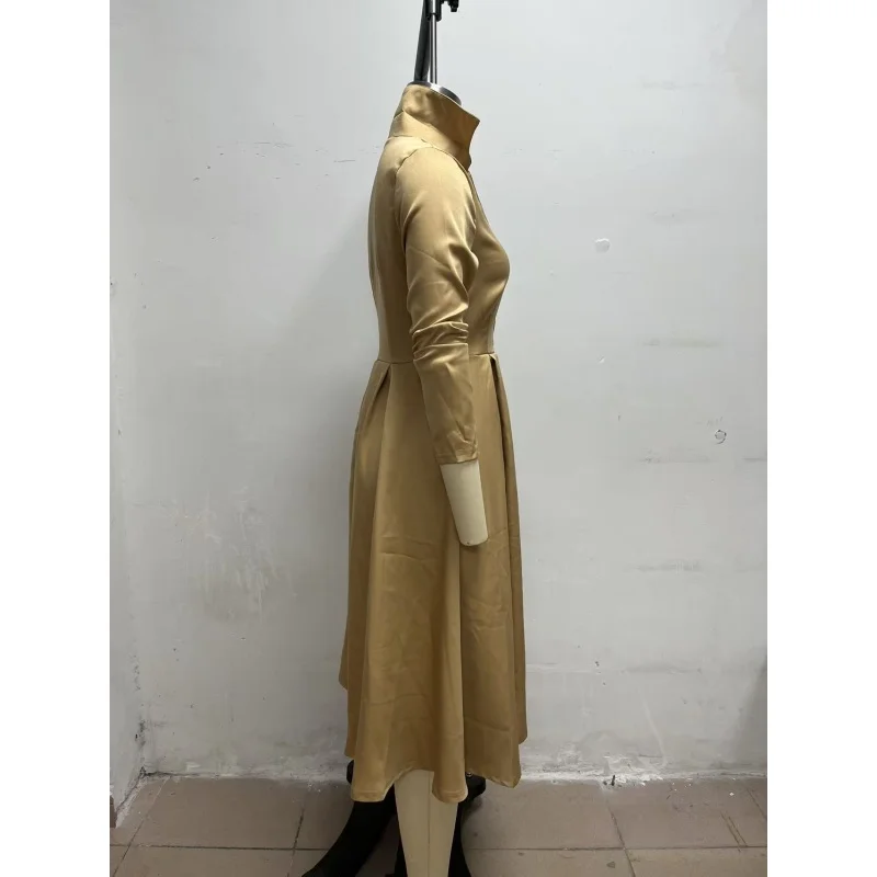 Elegantes Damen-Midikleid mit Hemdkragen, langen Ärmeln, V-Ausschnitt, Knopfleiste vorne, A-Linien-Schnitt, ausgestellter Rock und Taschen – ideal für Büro, Party oder formelle Anlässe. – Detail 10