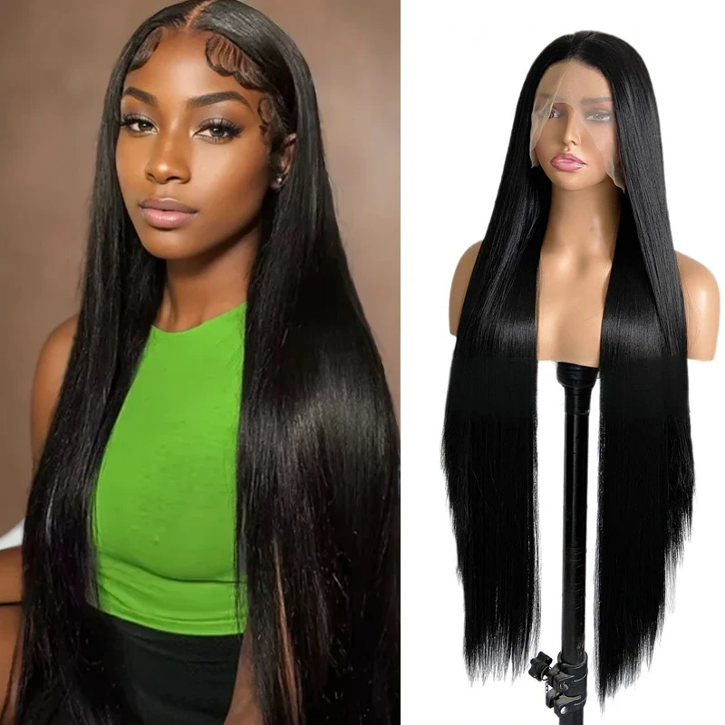 

Натуральный черный длинный прямой парик с кружевной передней частью 13x6 HD, 24-30 дюймов, синтетические волосы для женщин