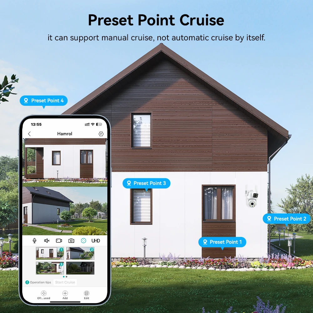8MP WIFI IP Camera 4K Wireless Outdoor PTZ Dual Lens With Dual Screen Ai Human Auto Tracking Color Nightvision ICSEE P2P