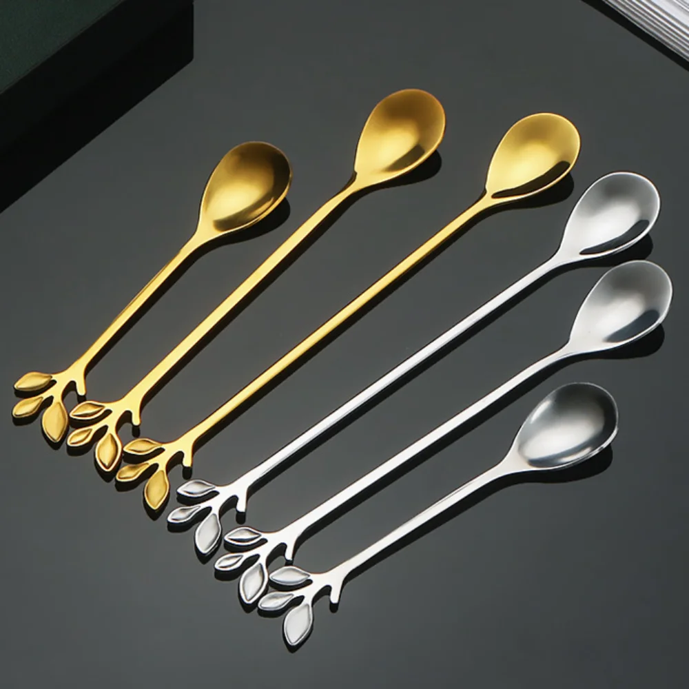 Stainless Steel Water Cup Stirring Spoons Leaf Shape Golden Silver Dessert Spoon Fork Long Handled Dinnerware