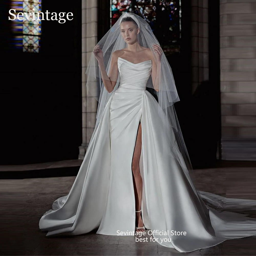 Sevintage فساتين زفاف بسيطة من الساتان حورية البحر فتحة عالية بدون أكمام زي العرائس طول الأرض فساتين العروس للنساء 2025 حسب الطلب