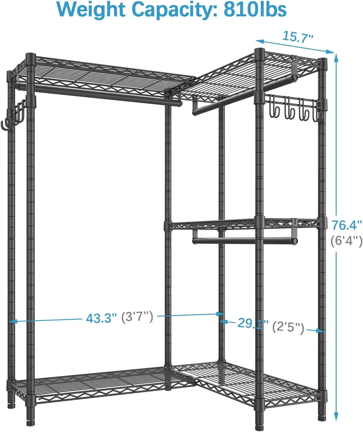 Vipek L4 Garment Rack L Shaped Clothes Rack For Corner, Freestanding Portable Wardrobe Closet Heavy Duty Clothing Rack With 3