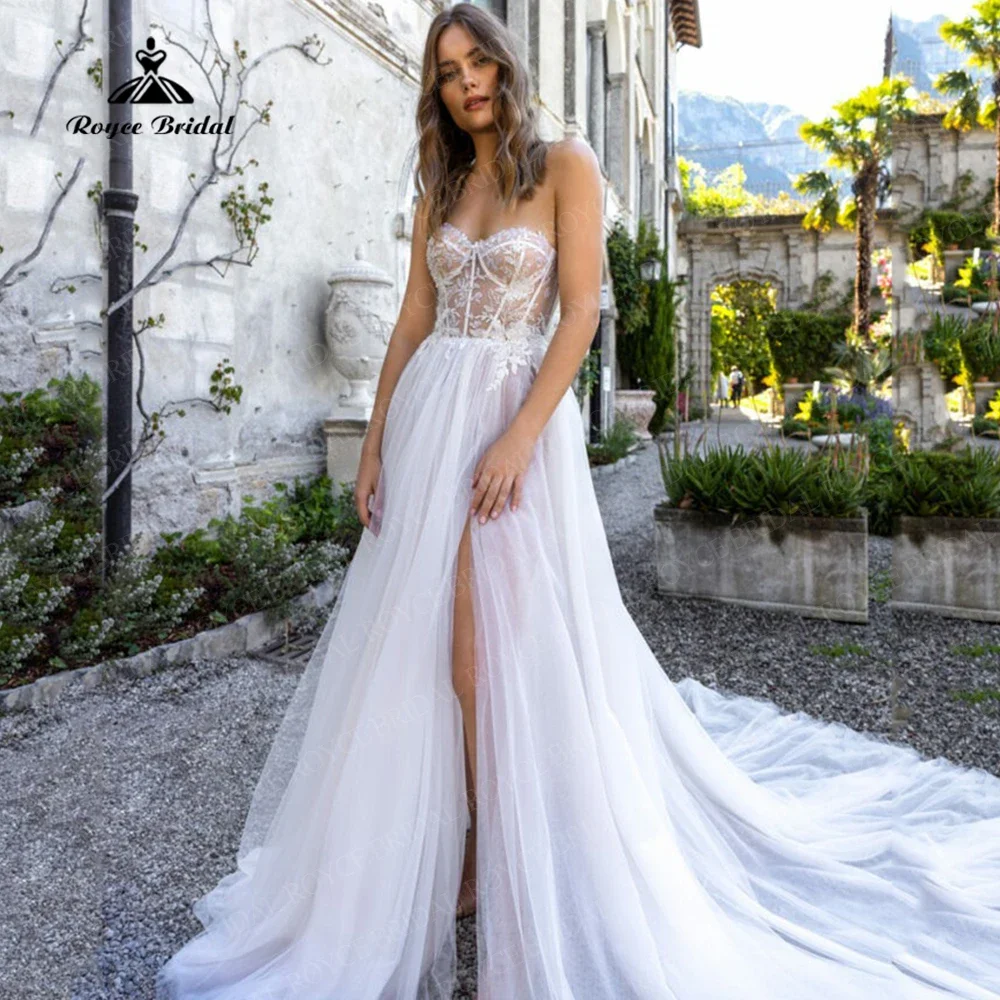 

Roycebridal Sweetheart Neck Lace Applique Tulle A Line Beach Wedding Dress High Slit Illusion Back Bridal Gowns 2025 Customized