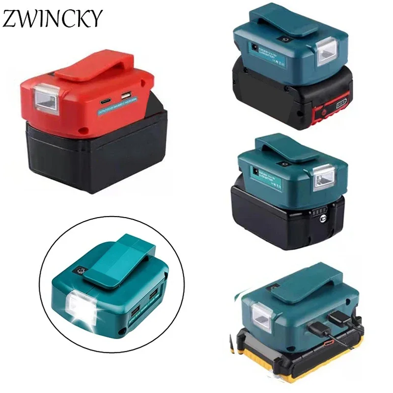 For Makita Bosch Milwaukee BLACK&DECKER 14.4-18V Lion Battery USB converter Port with LEDLight Spotlight Outdoor Battery adapter