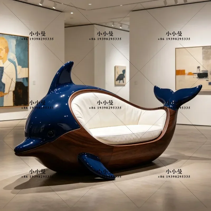 New Chinese creative blue dolphin-shaped single lounge chair in the living room, simple wood-grain style