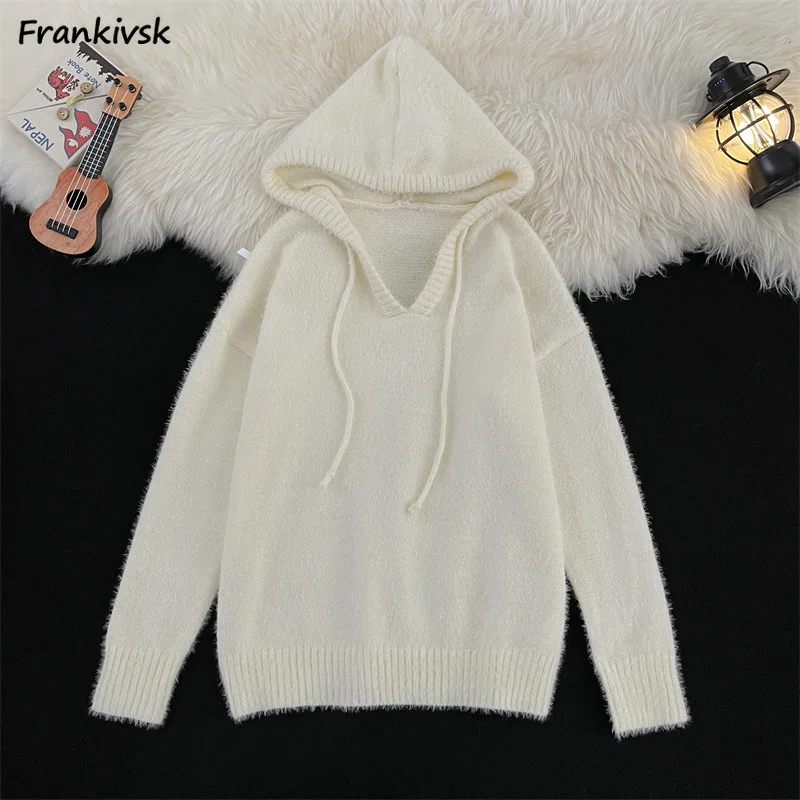 

Hooded Pullovers Women Solid Casual Soft Lazy All-match High Street Warm Knitted Sweaters Autumn Winter Basic New American Style