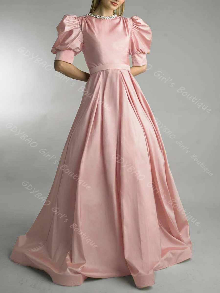 A-line/Princess Bridesmaid Dress Beaded Neck Balloon Sleeve Wedding Party Gown Long Prom Dress With Sashes Evening Gown Custom