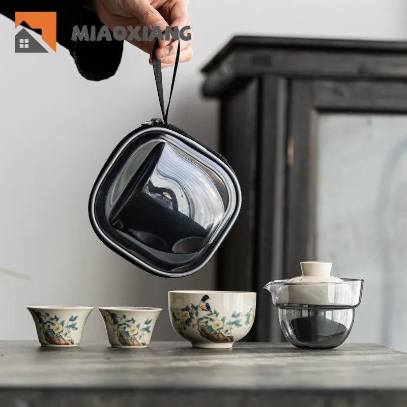 Grass and Ash Travel Tea Set Portable Small Set Ceramic Cover Bowl Tea Cup Outdoor Quick Customer Cup Chinese Wedding Tea Set