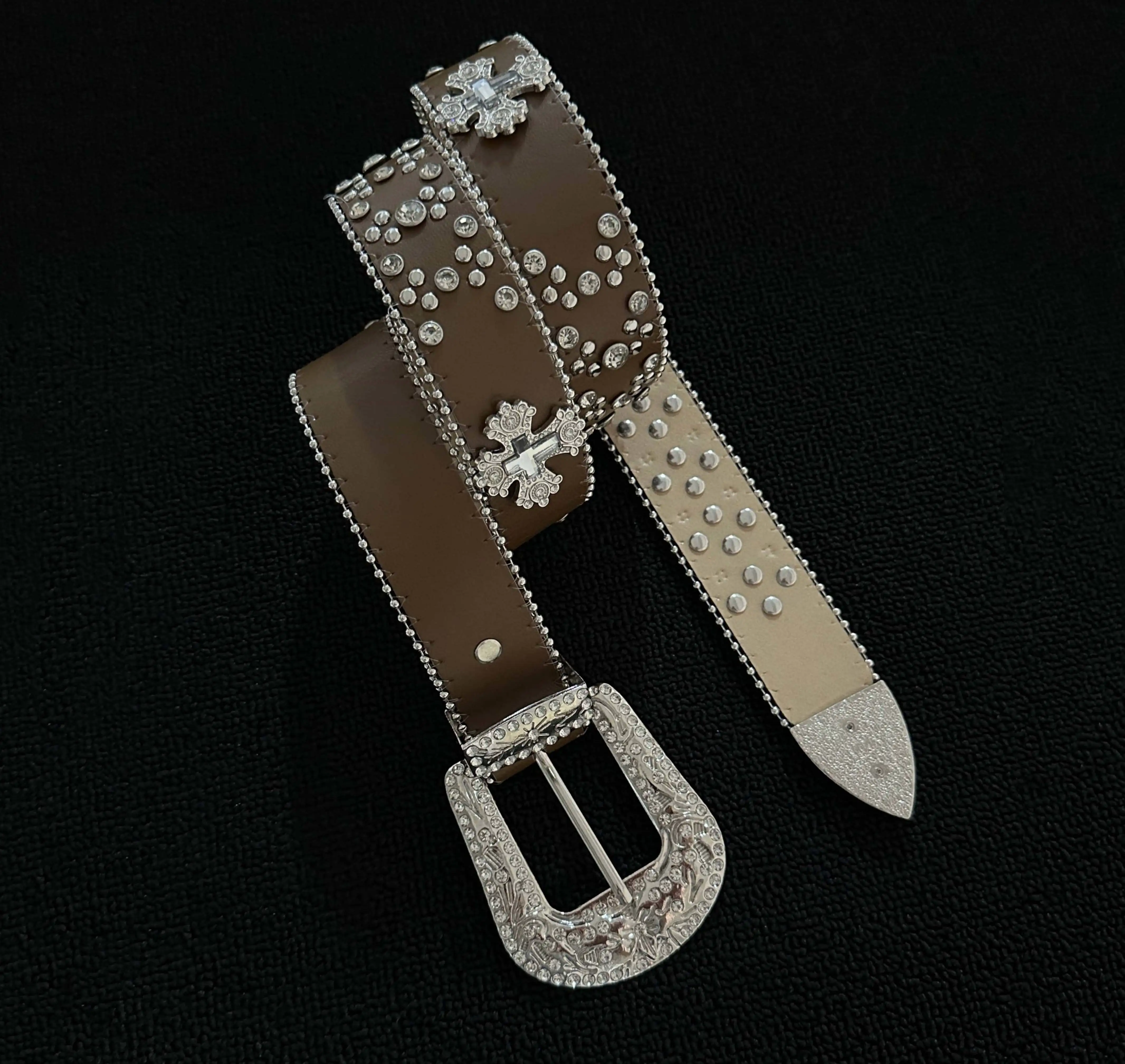 Heavy-duty rhinestone-encrusted metal buckle belt, punk rock style, premium brown diamond belt, rivet decorated leather belt