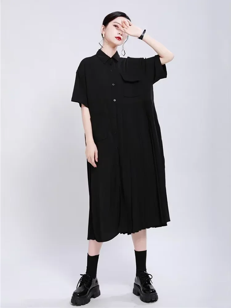 

XITAO Patchwork Pleated Pocket Elegant Dress Women Clothes 2025 Summer New Fashion Turn Down Collar Loose Dresses DMY4747