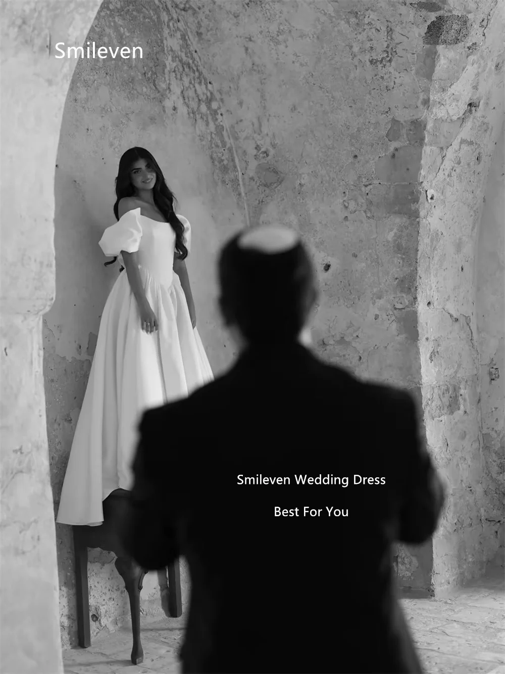 Smileven White Ball Gown Wedding Dresses Off‑the‑Shoulder Square Neck Puff Short Sleeve Bridal Dress Pockets Gowns Customized