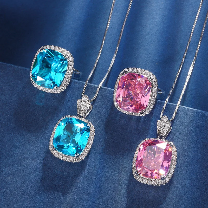 

14x16mm Rectangle Pink Aquamarine Cubic Zircon Pendant Necklace Adjustable Ring Women Jewelry Set