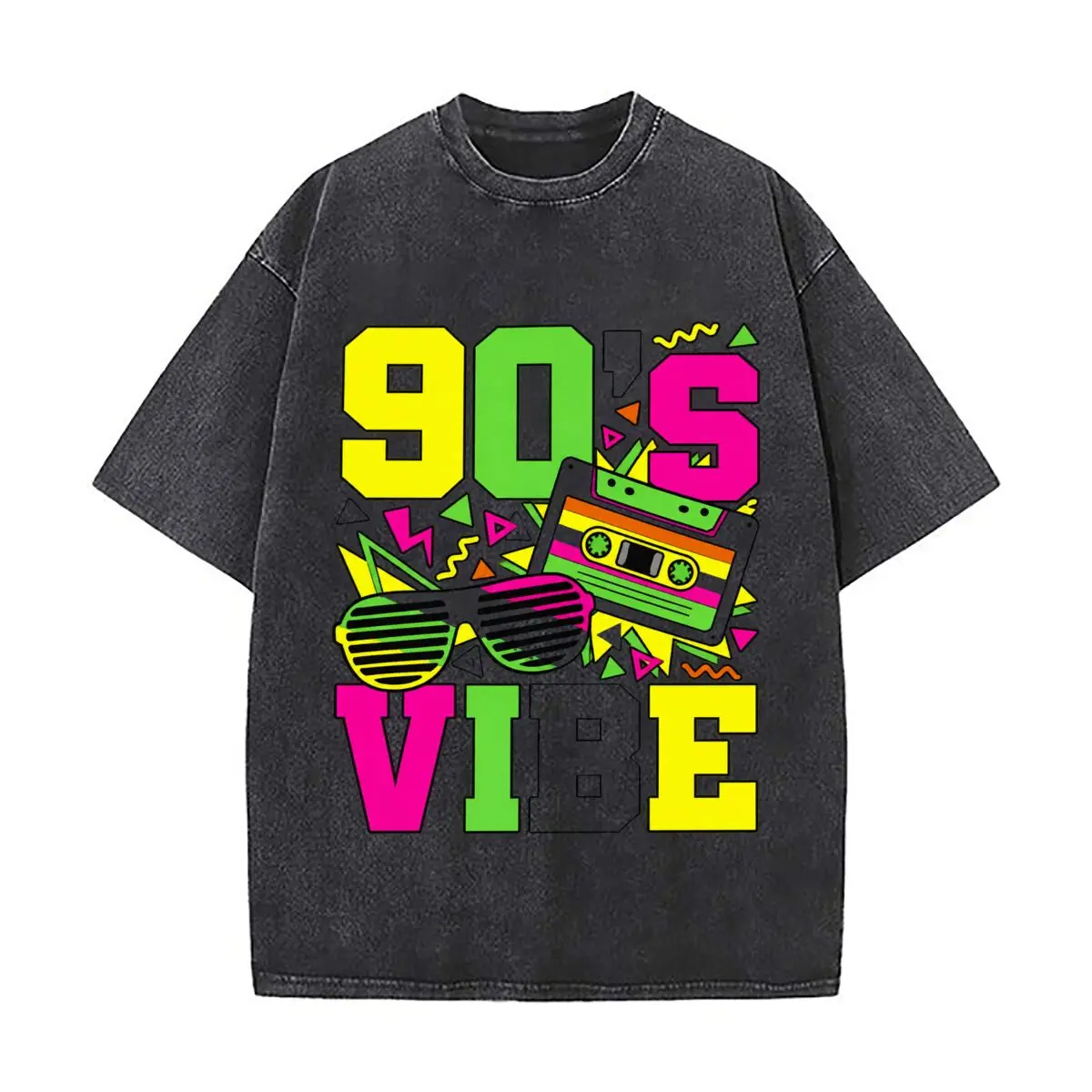 90s Vibe Neon Cassette Shutter Sunglasses Geometric Shapes Distressed Faded Baggy Streetwear Tops for Park Hangouts