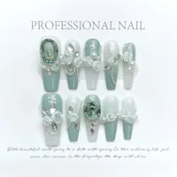 10Pcs Long Ballet Handmade Green Press On Nails Coffin False Nails Flower Full Cover Decoration Artificial Wearable Nails Tips