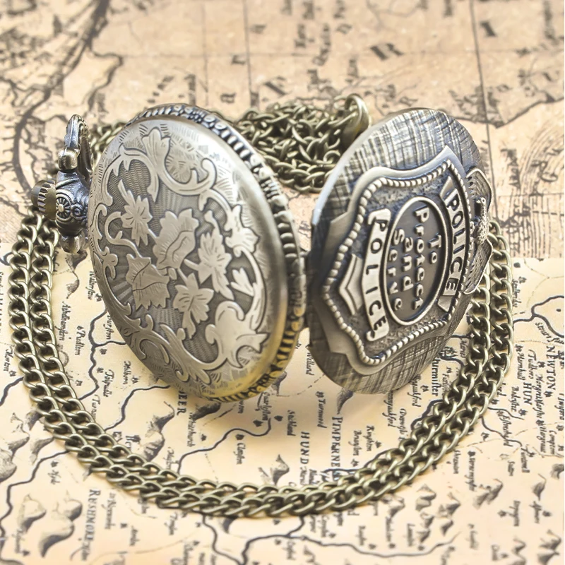 Винтажный бронзовый стимпанк, имитация полицейского значка, резные кварцевые карманные часы, ожерелье, подвеска, цепочка для часов, мужская и женская цепочка, подарок